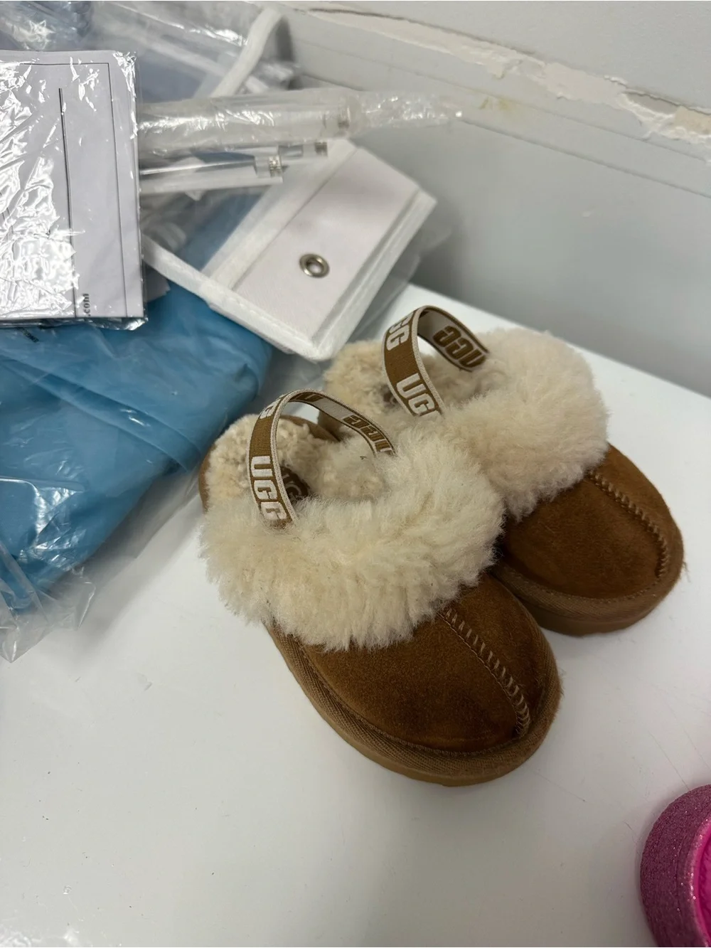 UGG Kids Brown Shearling Boots and Pink Glitter Clogs Set